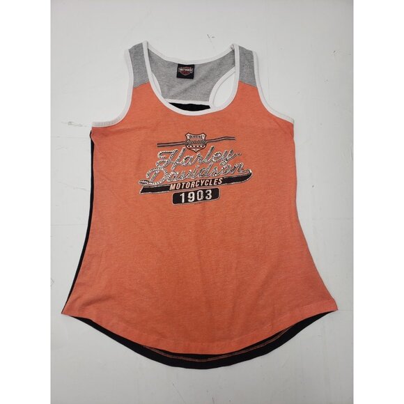Harley Davidson Motorcycles Rhinestone Tank Top Black Orange Gray Size L - Picture 1 of 10
